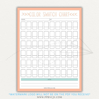 Color Swatch Chart Printable PDF Template for tracking and organizing colors, perfect for artists, designers, and crafters.

