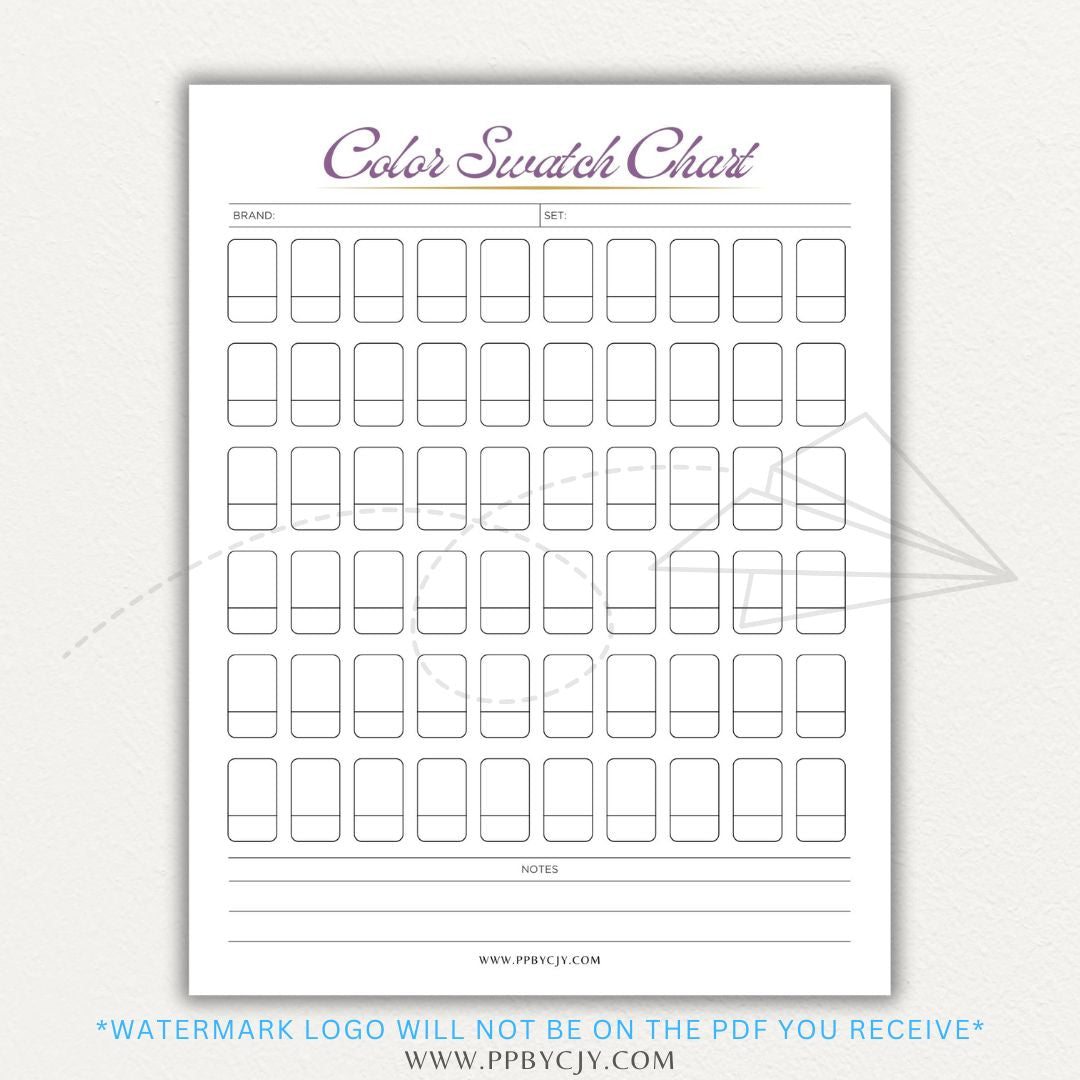 Color Swatch Chart Printable PDF Template for tracking and organizing colors, perfect for artists, designers, and crafters.

