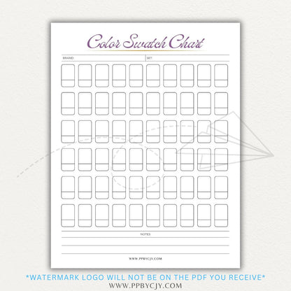 Color Swatch Chart Printable PDF Template for tracking and organizing colors, perfect for artists, designers, and crafters.

