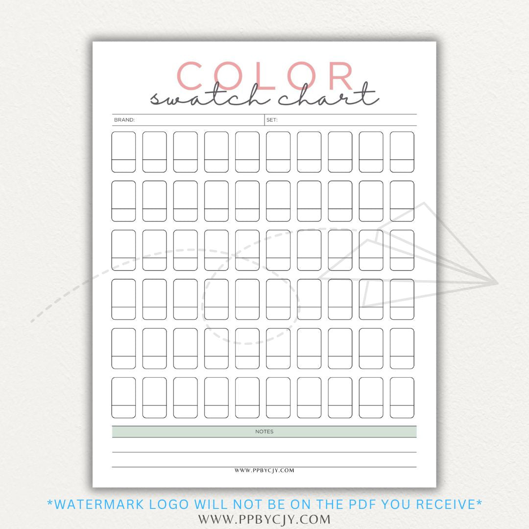 Color Swatch Chart Printable PDF Template for tracking and organizing colors, perfect for artists, designers, and crafters.

