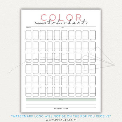 Color Swatch Chart Printable PDF Template for tracking and organizing colors, perfect for artists, designers, and crafters.

