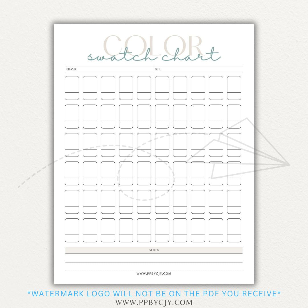 Color Swatch Chart Printable PDF Template for tracking and organizing colors, perfect for artists, designers, and crafters.

