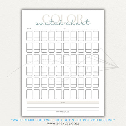 Color Swatch Chart Printable PDF Template for tracking and organizing colors, perfect for artists, designers, and crafters.

