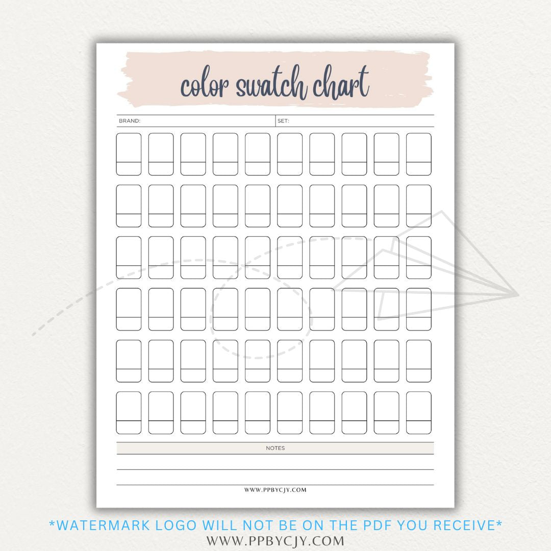 Color Swatch Chart Printable PDF Template for tracking and organizing colors, perfect for artists, designers, and crafters.

