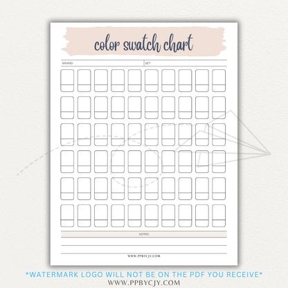 Color Swatch Chart Printable PDF Template for tracking and organizing colors, perfect for artists, designers, and crafters.

