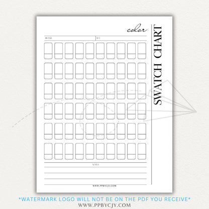 Color Swatch Chart Printable PDF Template for tracking and organizing colors, perfect for artists, designers, and crafters.

