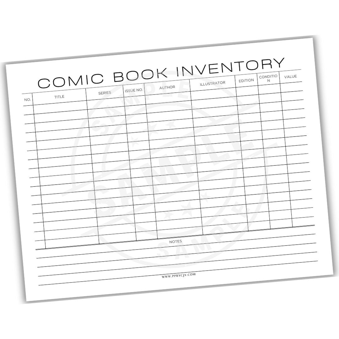 Comic book inventory sheet with columns for title, series, issue number, author, illustrator, edition, condition, and value.