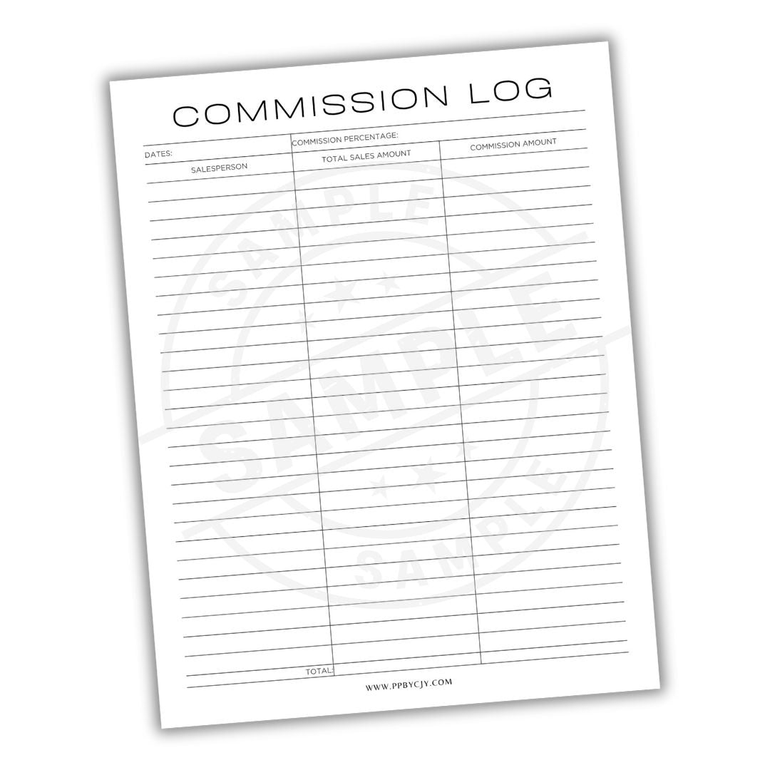 Commission log sheet with columns for dates, salesperson, commission percentage, total sales amount, and commission amount.