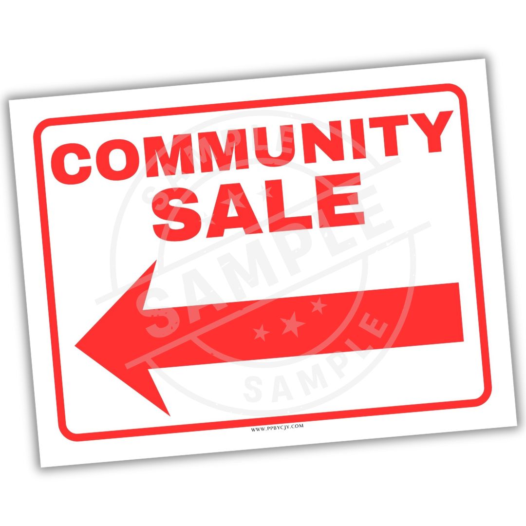 Red 'Community Sale' sign with an arrow on a white background