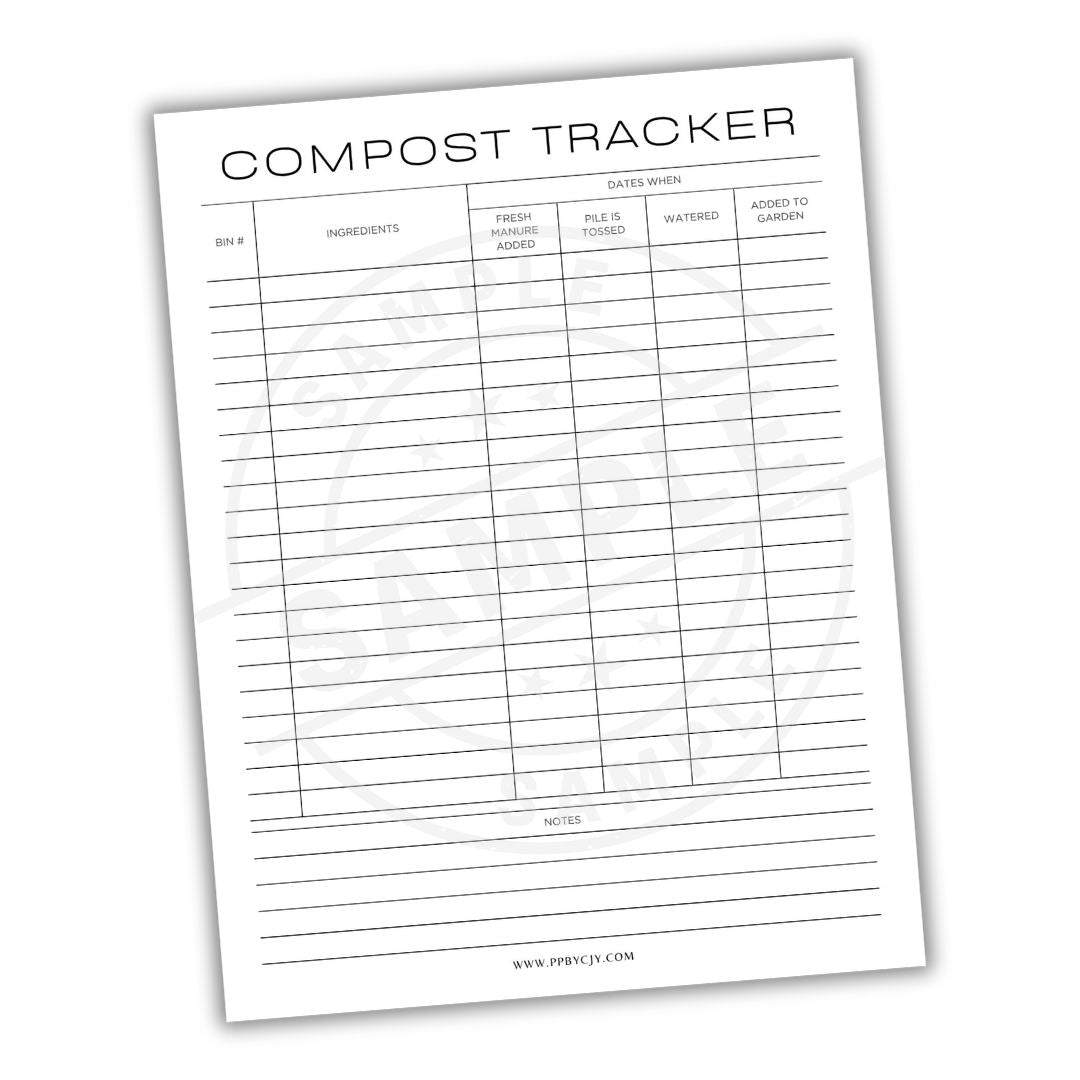 Compost tracker sheet with columns for ingredients, dates, and notes on a white background
