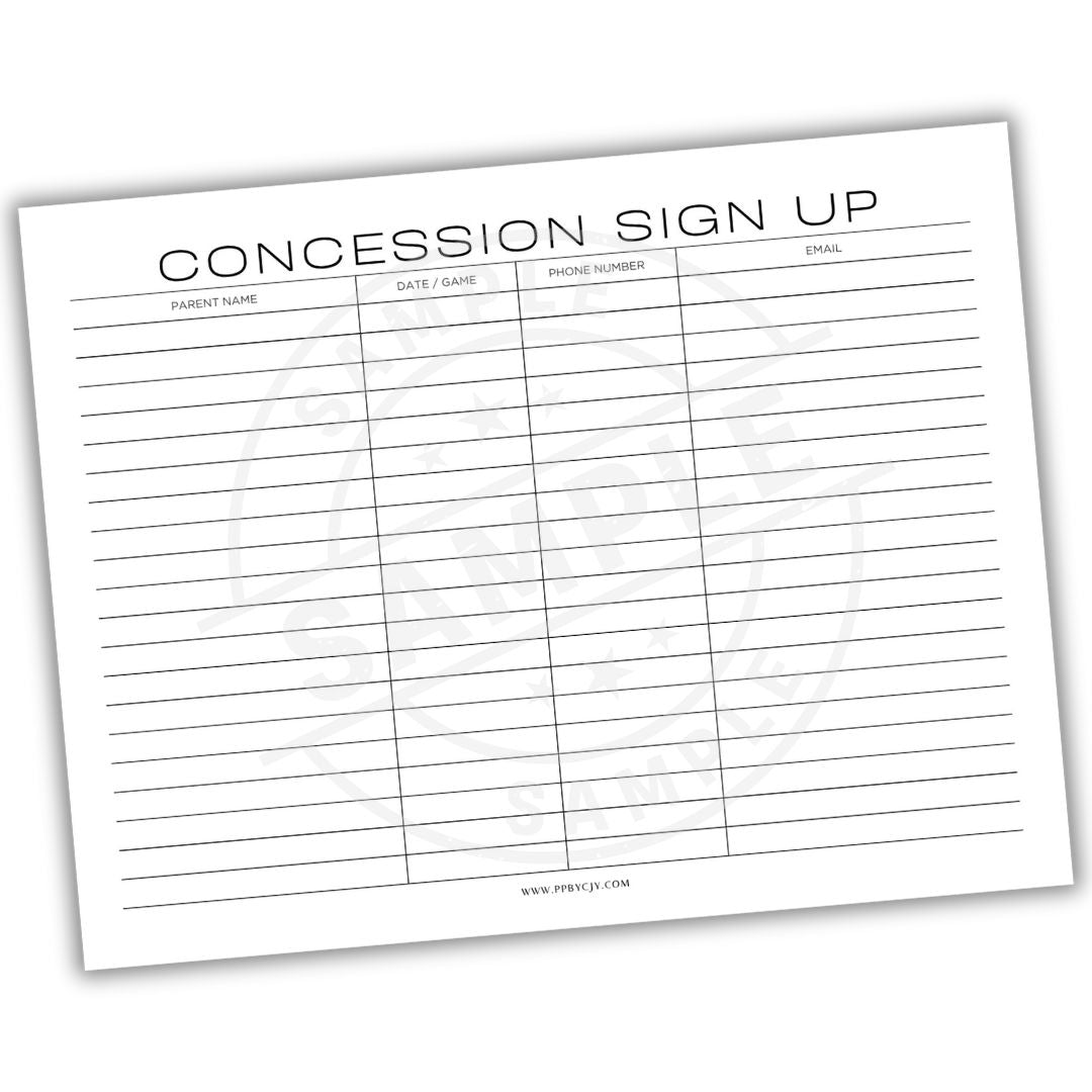 Concession sign-up sheet with columns for parent name, date, game, phone number, and email.