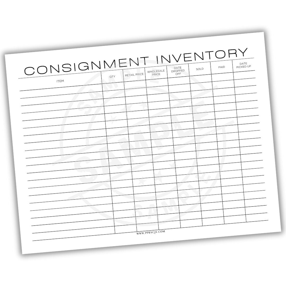 Consignment inventory sheet with columns for item details on a white background