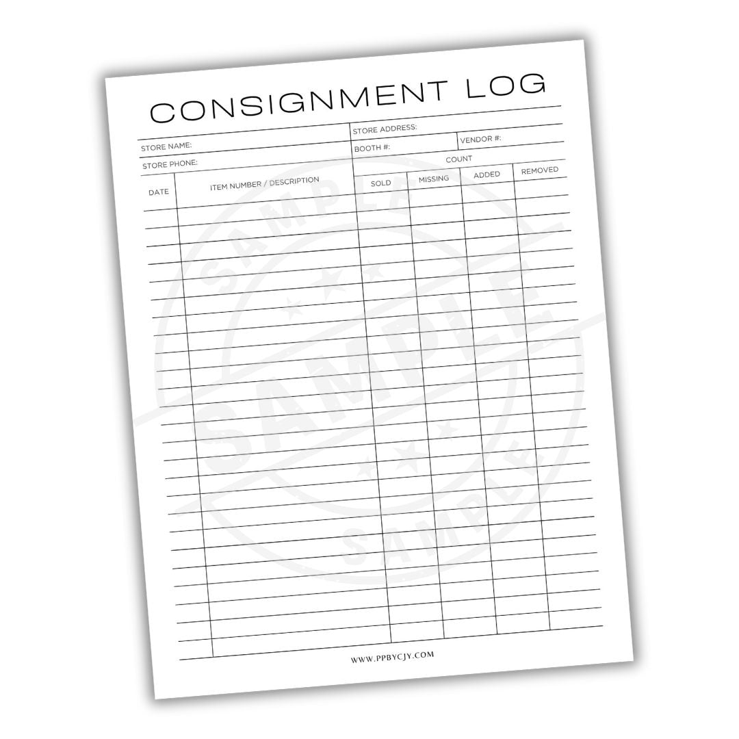 Consignment log sheet with columns for store name, item number, description, etc.