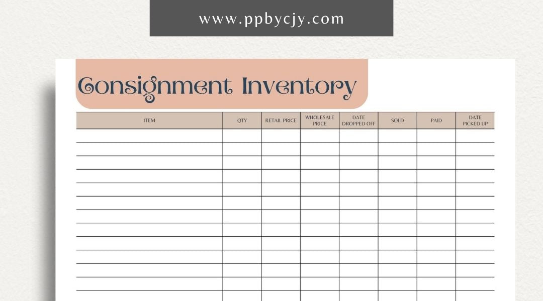 Consignment Inventory Printable Template – Digital Download for Tracking and Managing Consigned Inventory and Stock