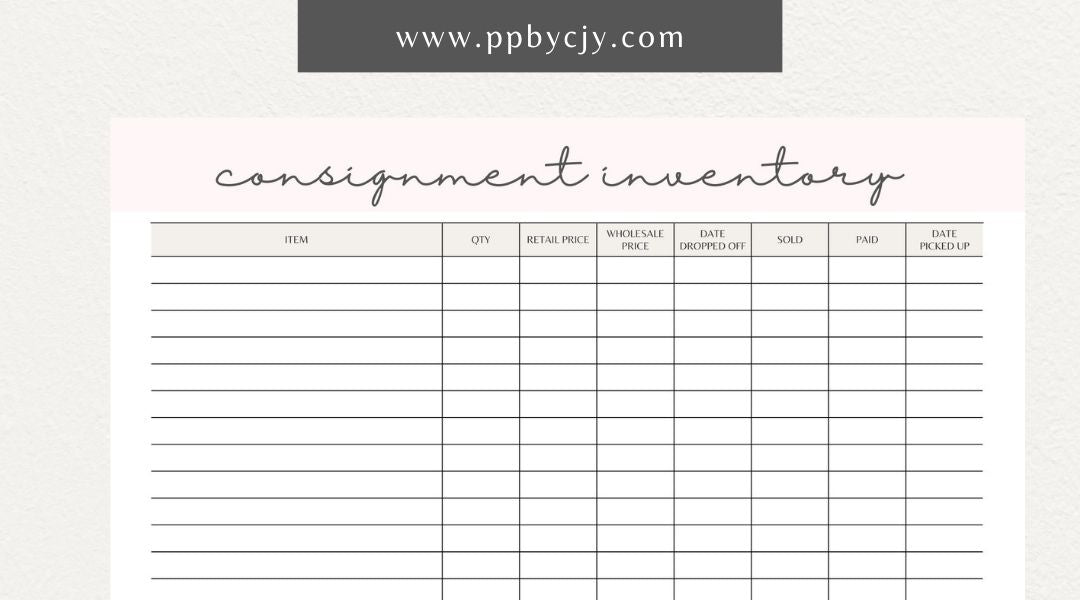 Consignment Inventory Printable Template – Digital Download for Tracking and Managing Consigned Inventory and Stock