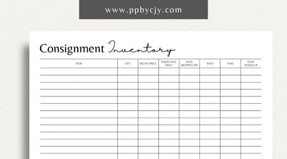 Consignment Inventory Printable Template – Digital Download for Tracking and Managing Consigned Inventory and Stock