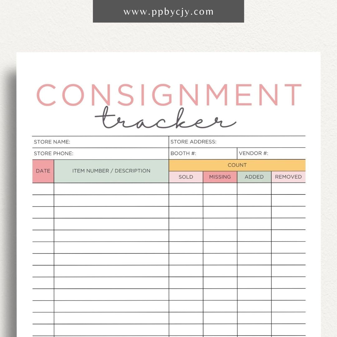 Consignment Tracker Printable Template – Digital Download for Monitoring and Recording Consignment Items and Transactions