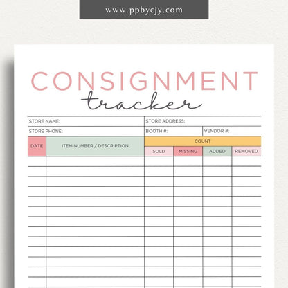 Consignment Tracker Printable Template – Digital Download for Monitoring and Recording Consignment Items and Transactions