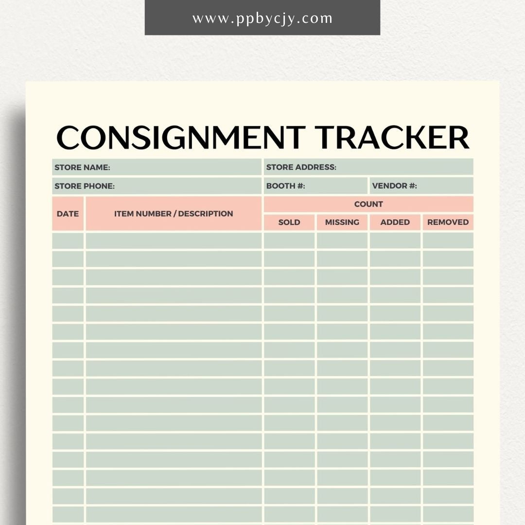 Consignment Tracker Printable Template – Digital Download for Monitoring and Recording Consignment Items and Transactions