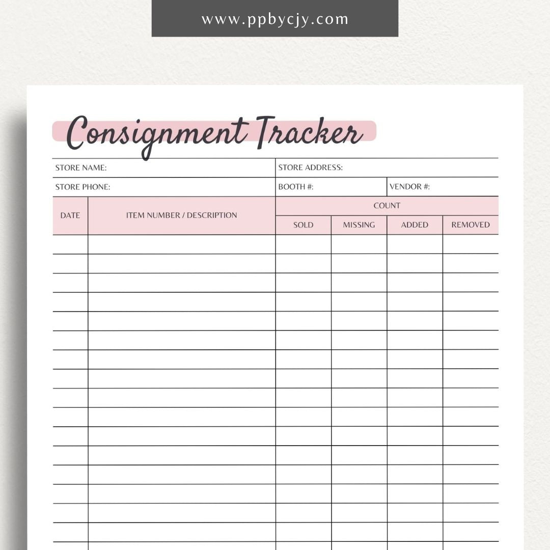 Consignment Tracker Printable Template – Digital Download for Monitoring and Recording Consignment Items and Transactions