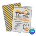 Construction-themed birthday party invitation with vehicles and text, featuring Canva logo.