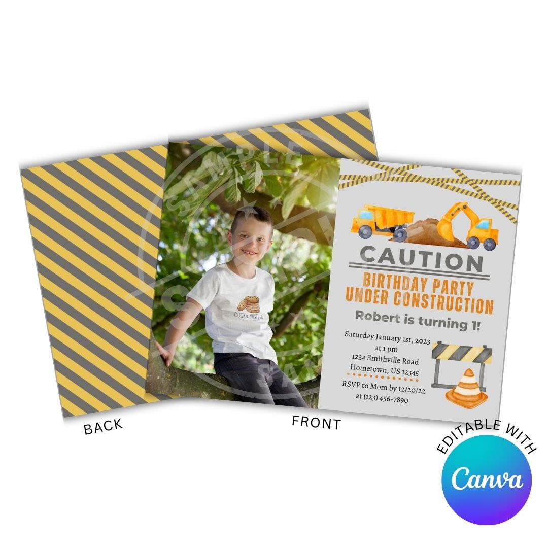 Construction-themed birthday party invitation with a child's photo and editable text feature.