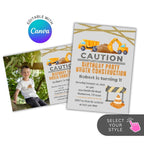 Construction-themed birthday party invitation with editable text overlay on a white background