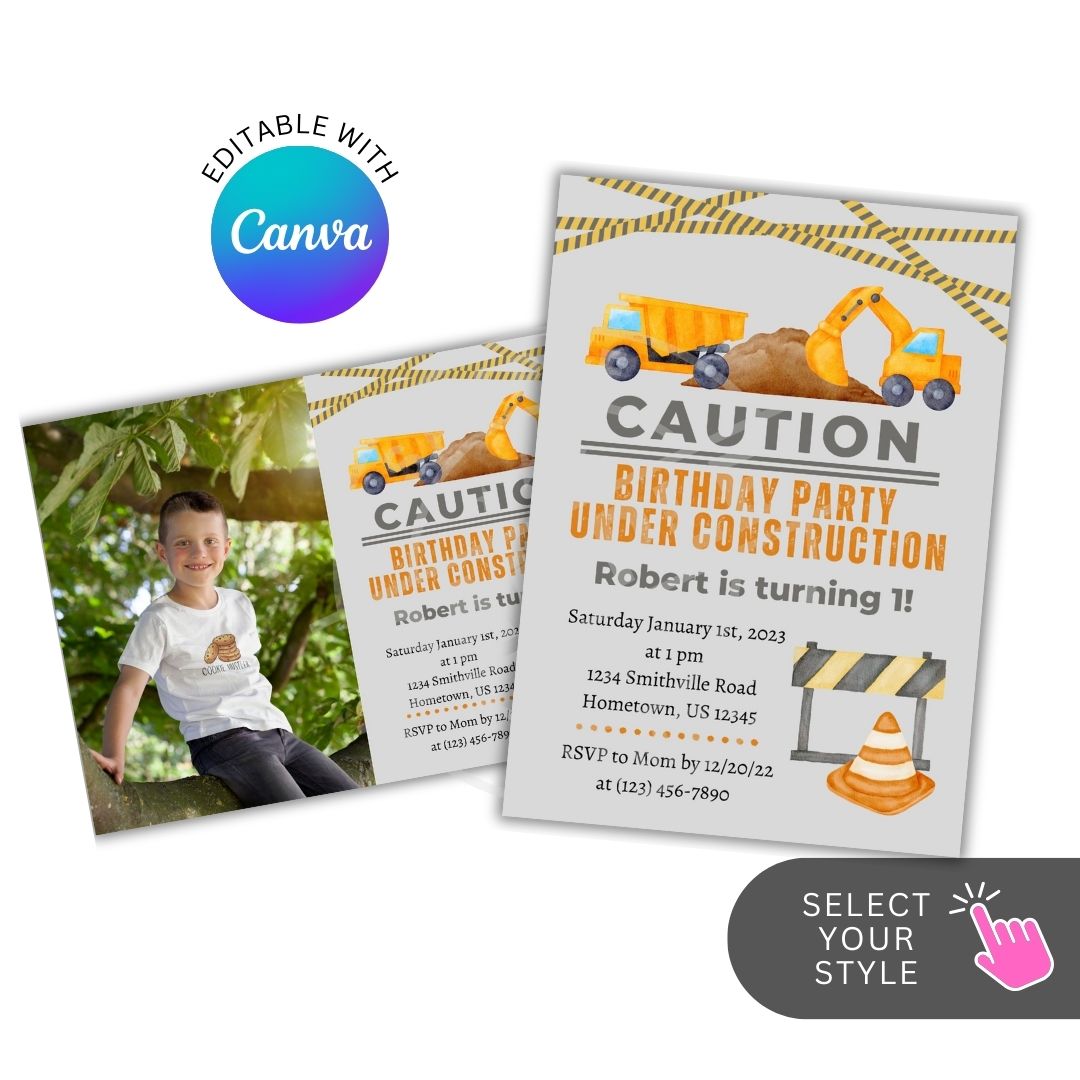 Construction-themed birthday party invitation with editable text overlay on a white background
