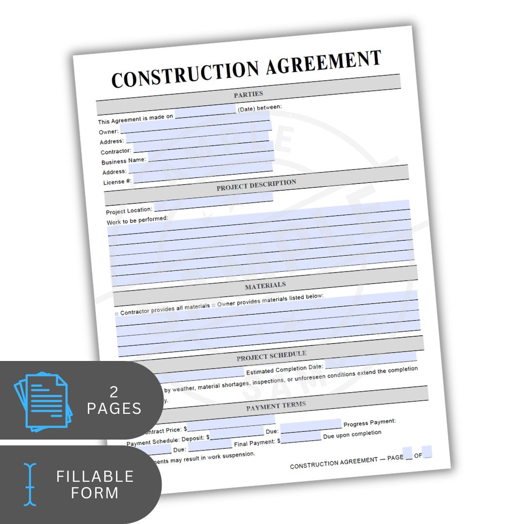 Construction agreement form with two pages and fillable fields on a white background