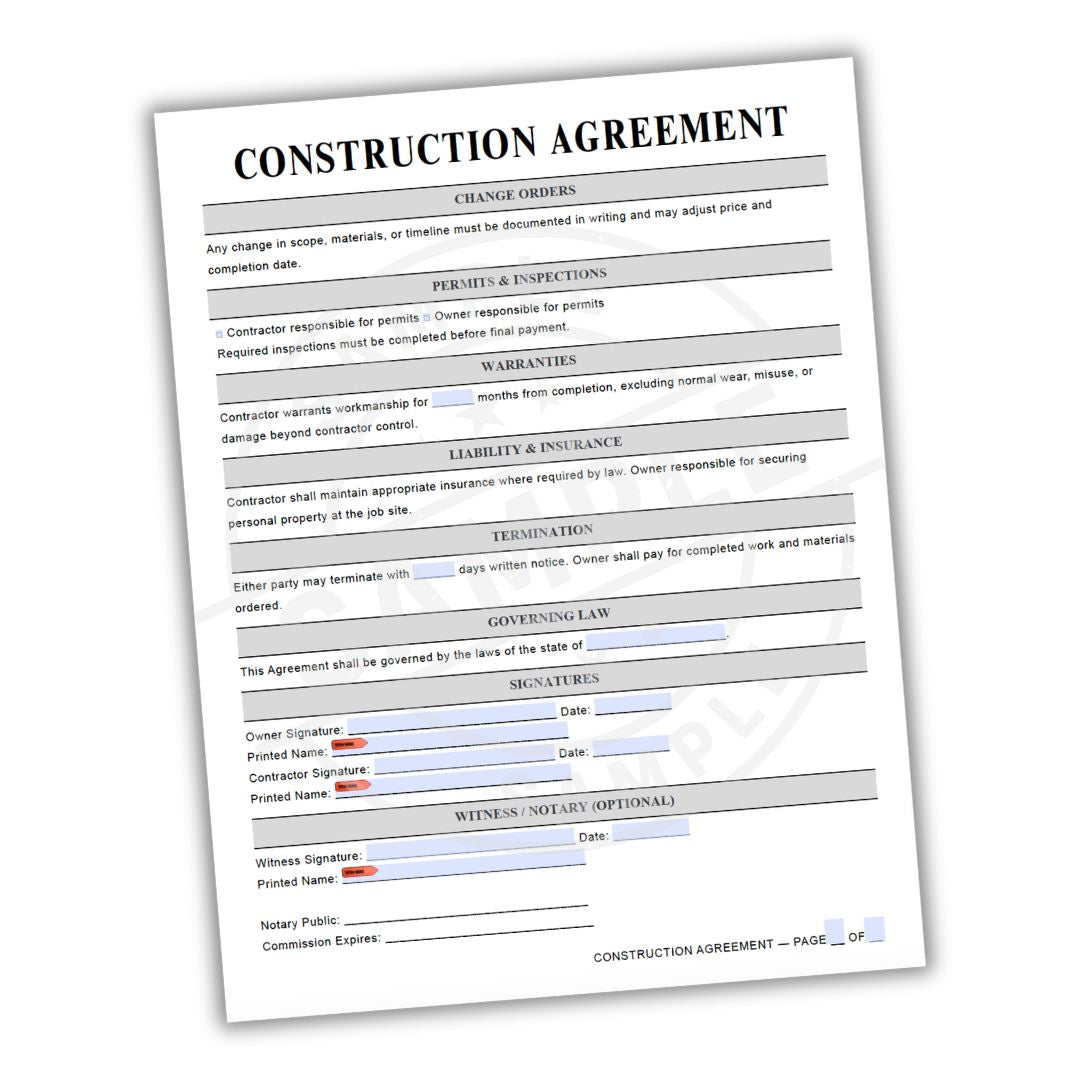 Construction agreement document on a white background