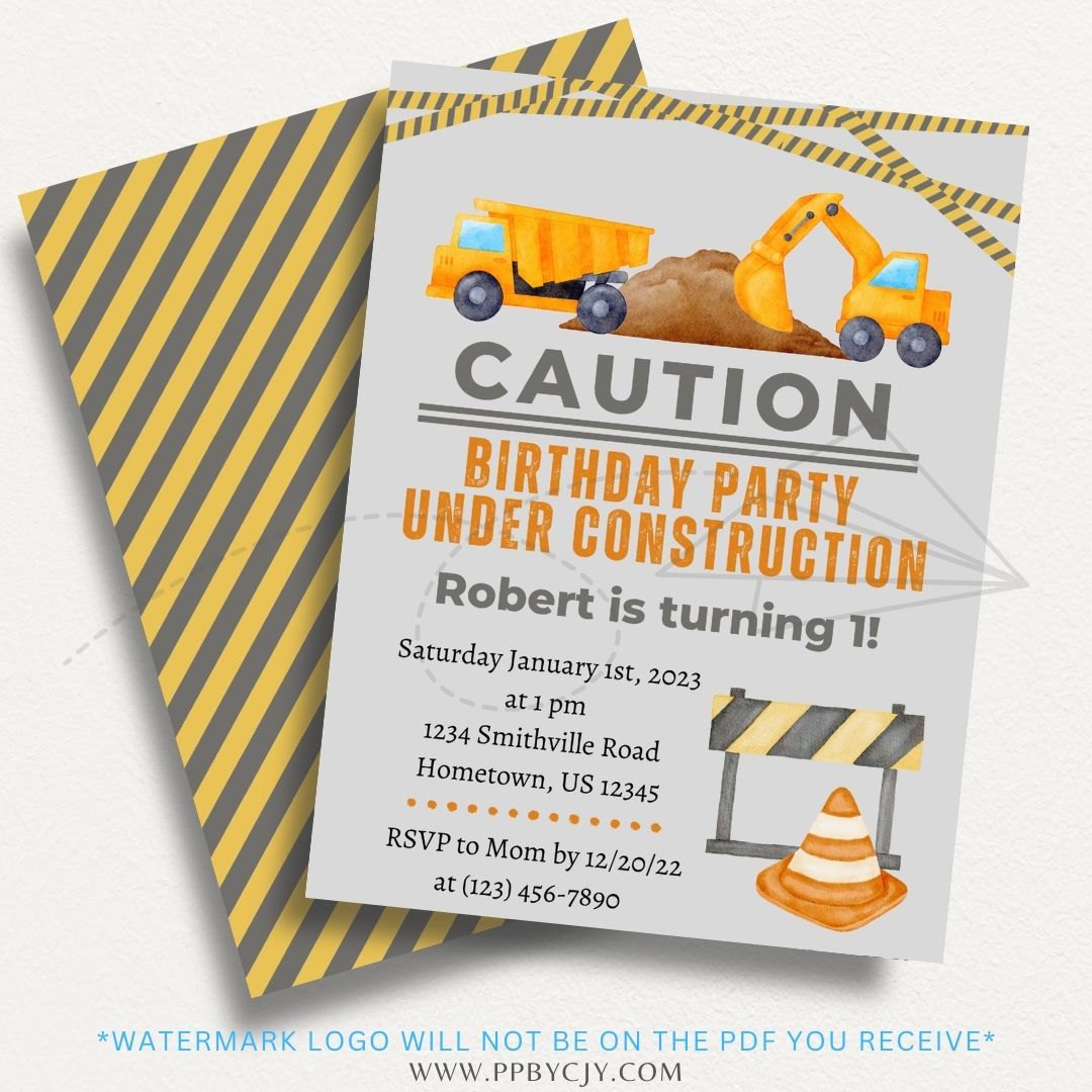 Construction Theme Printable Invitation featuring hard hats, tools, and safety cones, perfect for construction-themed birthday parties and events.

