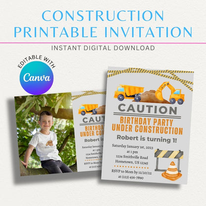 Construction Theme Printable Invitation featuring hard hats, tools, and safety cones, perfect for construction-themed birthday parties and events.

