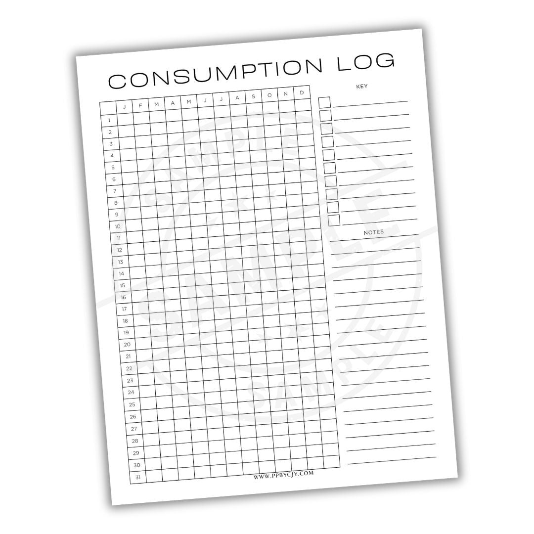 Consumption log sheet with grid and text on a white background