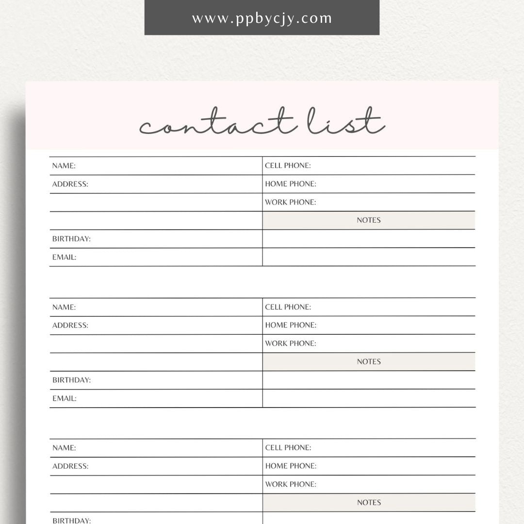 printable template page with columns and rows related to contacts address book