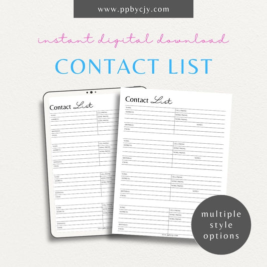 Contact List Printable Template – Digital Download for Organizing and Managing Personal or Professional Contacts and Information