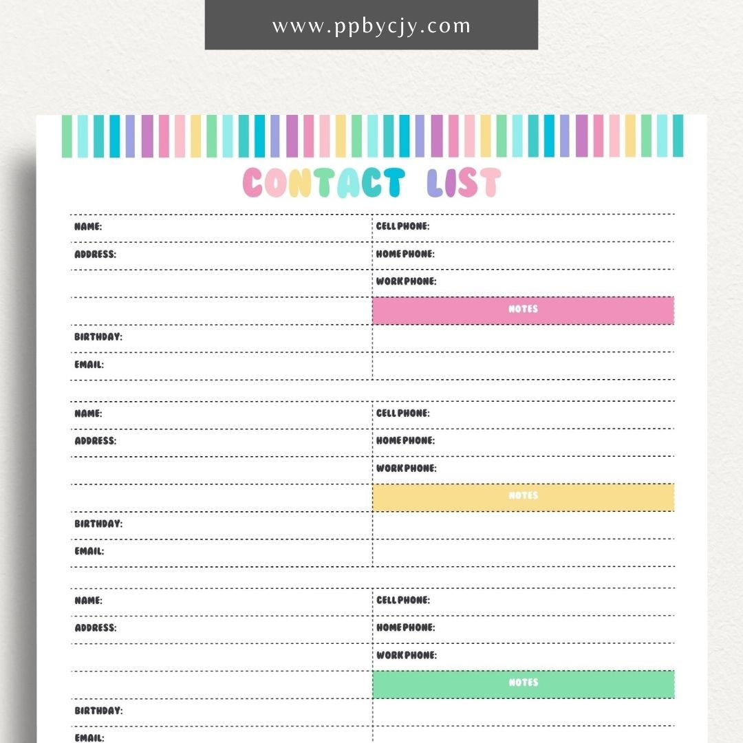 printable template page with columns and rows related to contacts address book