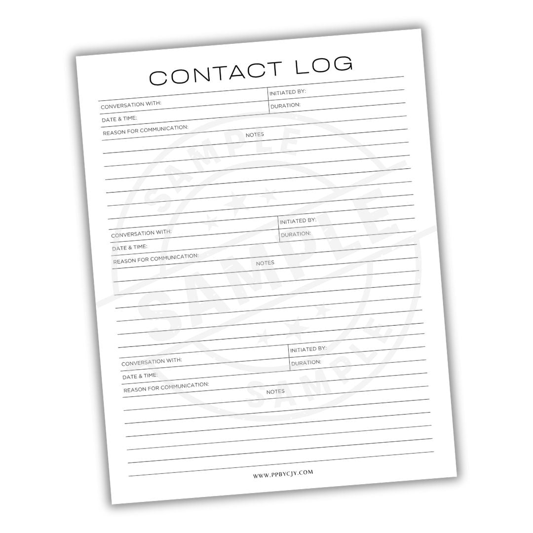 Contact log sheet with columns for conversation details on a white background