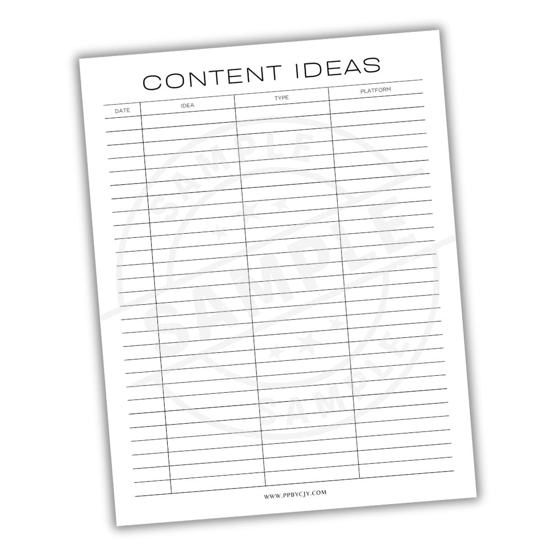 Sheet of paper titled 'Content Ideas' with columns for date, idea type, platform, and notes.