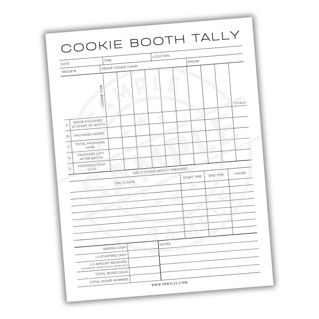 Cookie Booth Tally sheet with a white background