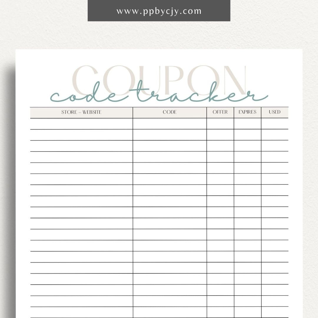 Coupon Codes Tracker Printable Template – Digital Download for Organizing and Managing Coupon Codes and Discounts