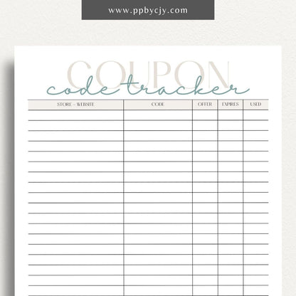 Coupon Codes Tracker Printable Template – Digital Download for Organizing and Managing Coupon Codes and Discounts