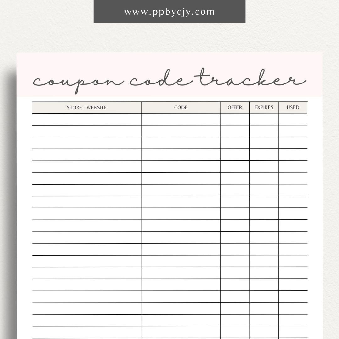 Coupon Codes Tracker Printable Template – Digital Download for Organizing and Managing Coupon Codes and Discounts