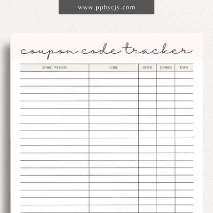 Coupon Codes Tracker Printable Template – Digital Download for Organizing and Managing Coupon Codes and Discounts