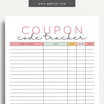 Coupon Codes Tracker Printable Template – Digital Download for Organizing and Managing Coupon Codes and Discounts