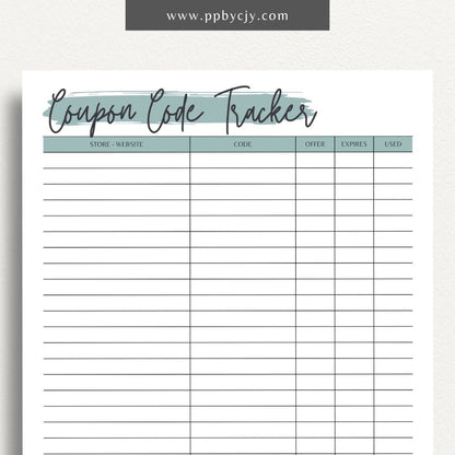 Coupon Codes Tracker Printable Template – Digital Download for Organizing and Managing Coupon Codes and Discounts