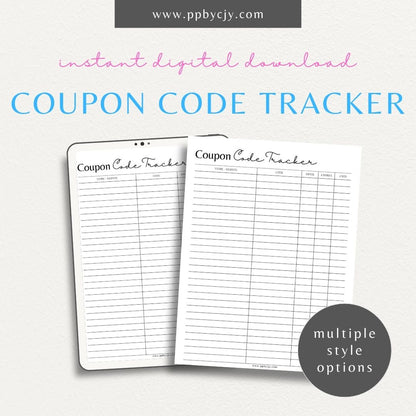 Coupon Codes Tracker Printable Template – Digital Download for Organizing and Managing Coupon Codes and Discounts