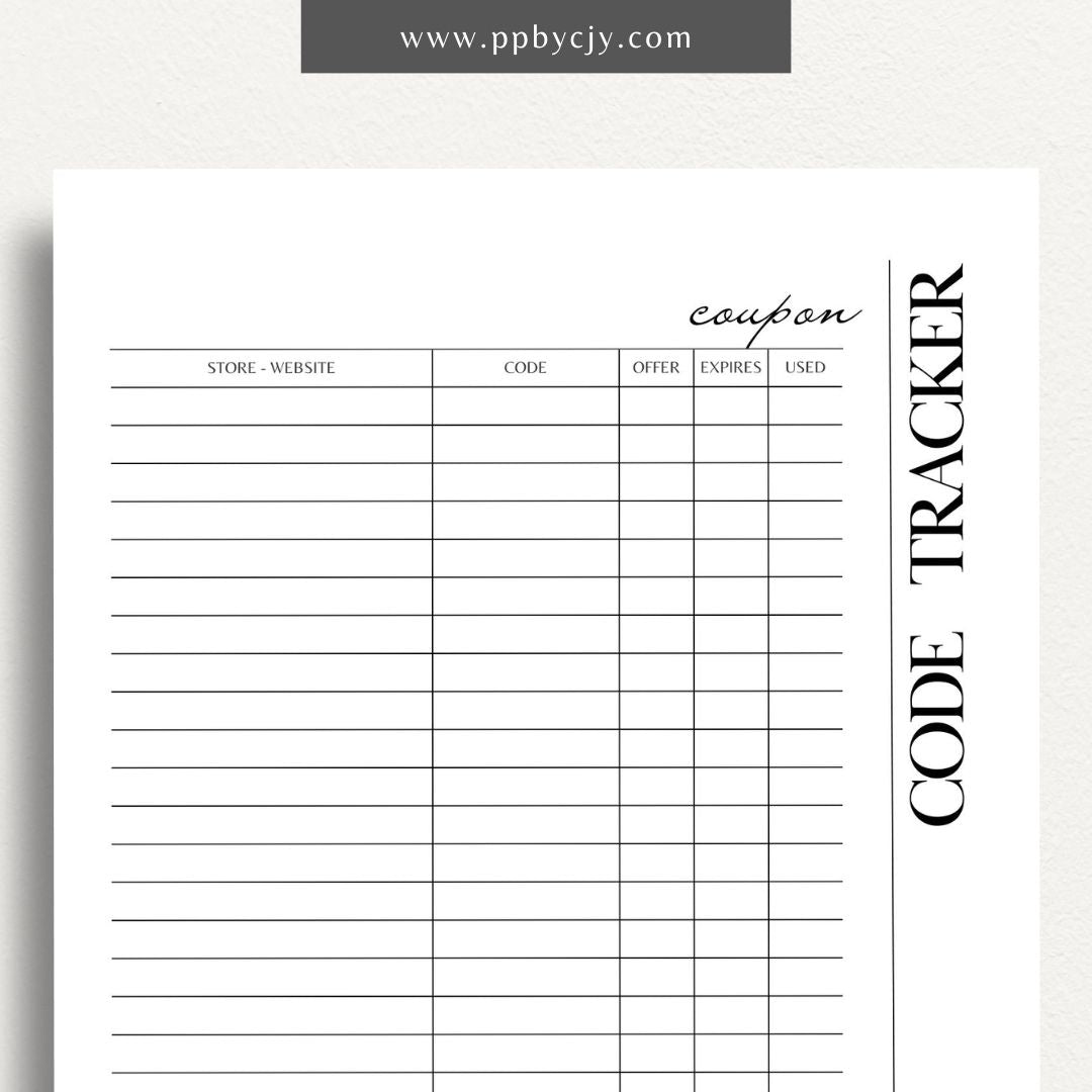 Coupon Codes Tracker Printable Template – Digital Download for Organizing and Managing Coupon Codes and Discounts