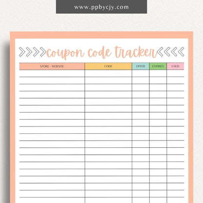 Coupon Codes Tracker Printable Template – Digital Download for Organizing and Managing Coupon Codes and Discounts