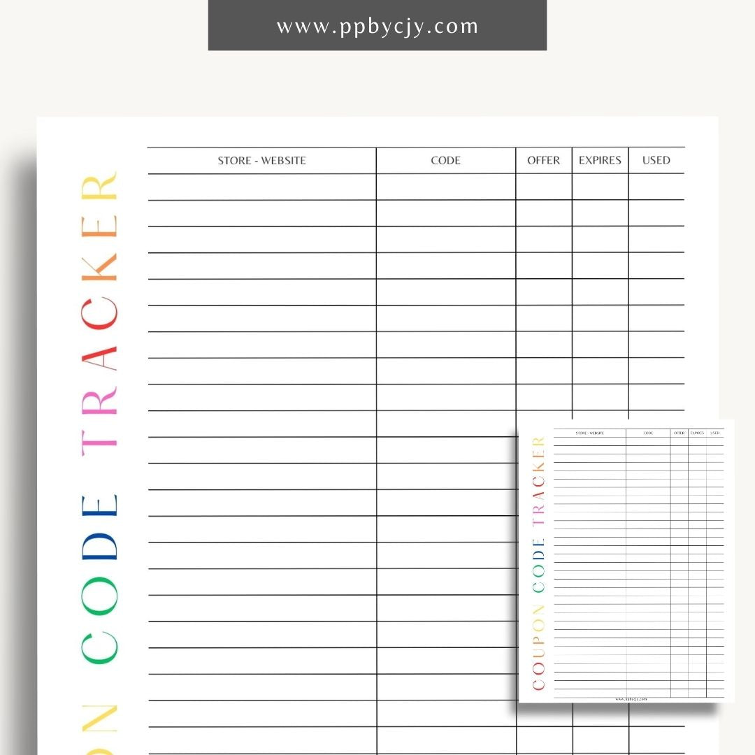 Coupon Codes Tracker Printable Template – Digital Download for Organizing and Managing Coupon Codes and Discounts