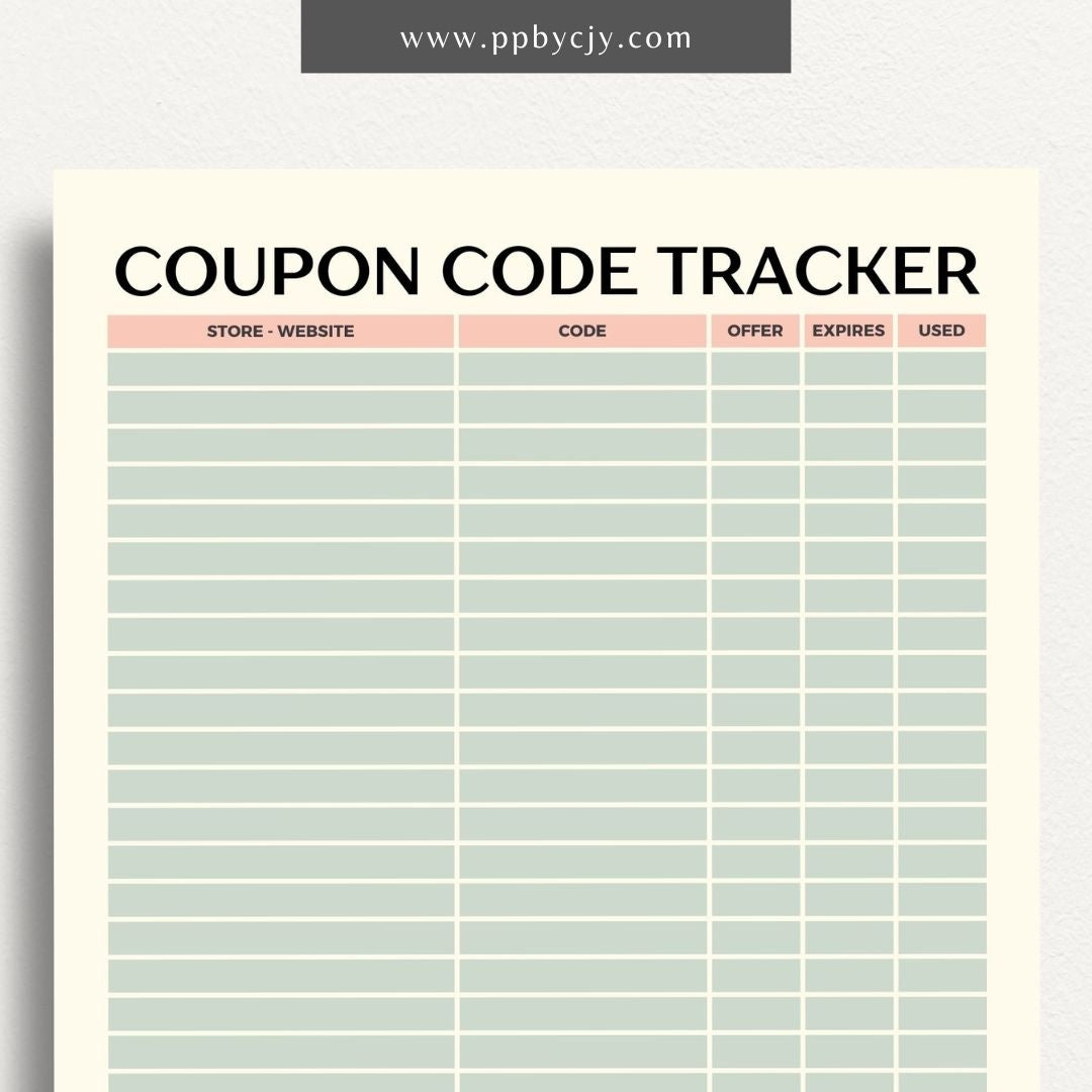 Coupon Codes Tracker Printable Template – Digital Download for Organizing and Managing Coupon Codes and Discounts